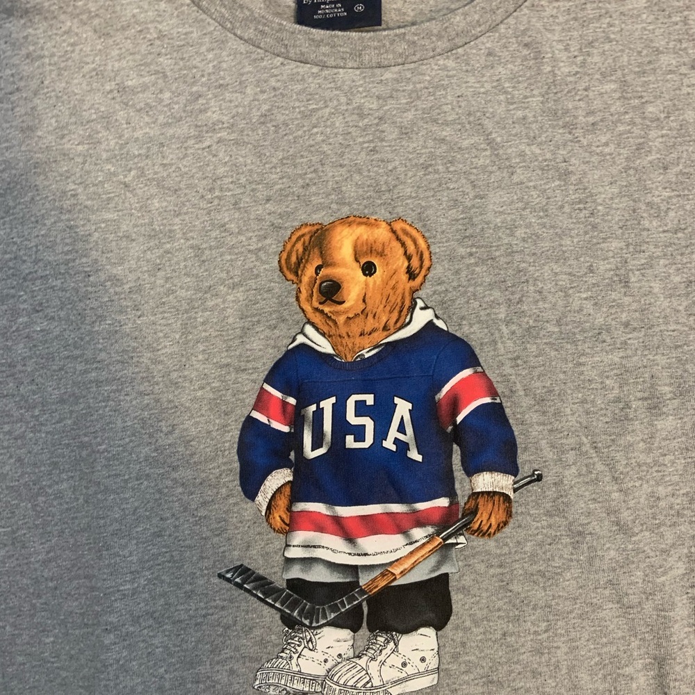 Ralph Lauren Gray Shirt with Bear in Blue Hockey Jersey